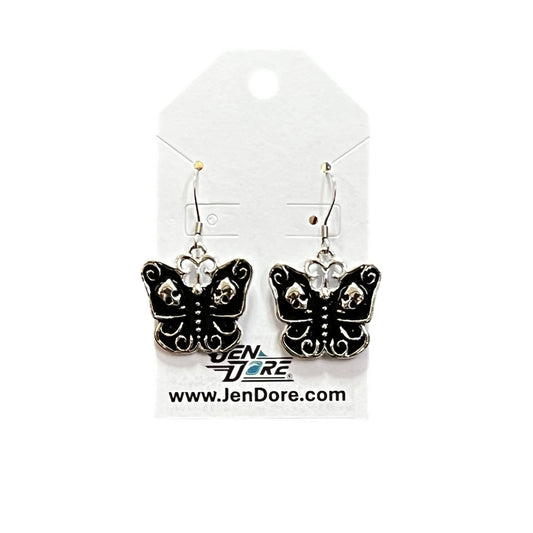 Handmade Gothic Black Butterfly Stainless Steel Dangle Earrings by JenDore on display card