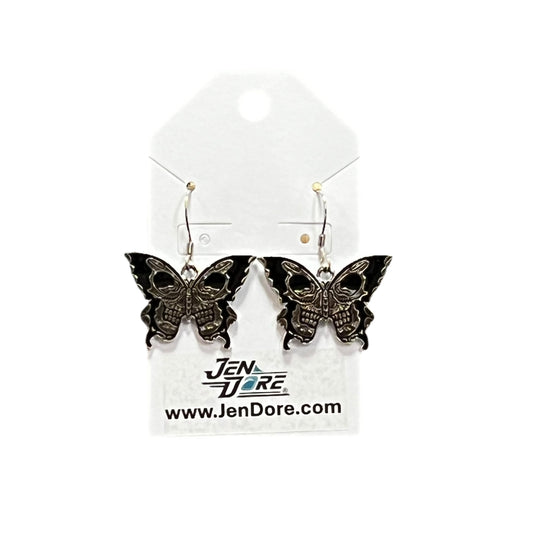 Handmade Gothic Black Butterfly Stainless Steel Dangle Earrings by JenDore on display card