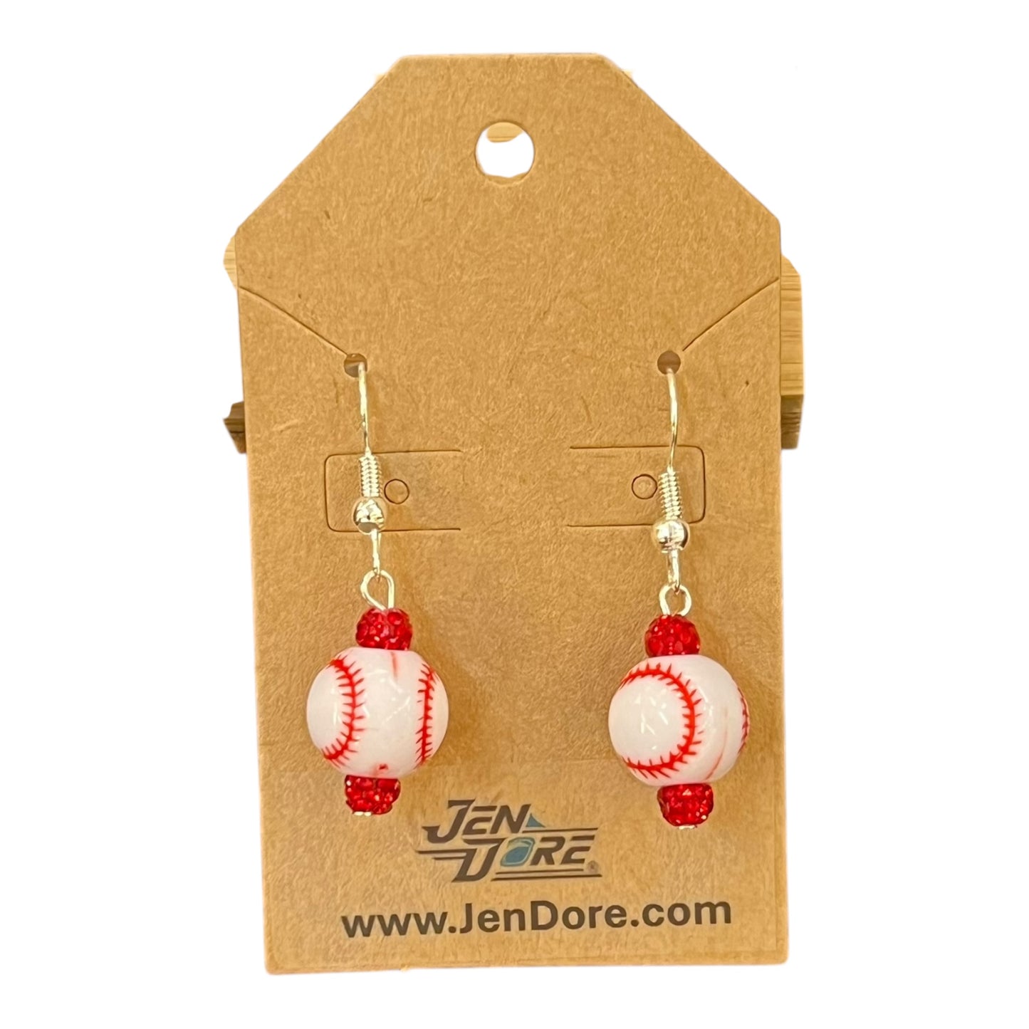 JenDore Handmade Red and White Baseball Dangle Earrings