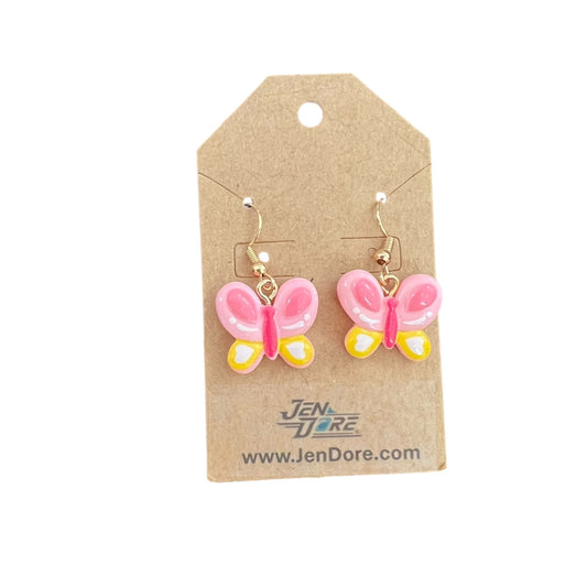JenDore Handmade Pink and Yellow Butterfly Clay Earrings – Lightweight Dangles