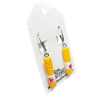 Handmade churros earrings with pink heart on stainless steel hooks by JenDore