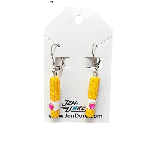 Handmade churros earrings with pink heart on stainless steel hooks by JenDore