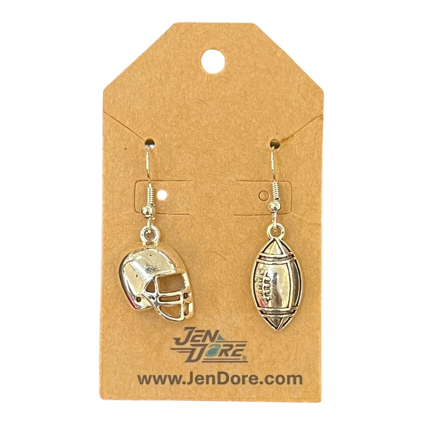 Pair of silver football helmet and ball earrings on a JenDore branded card.