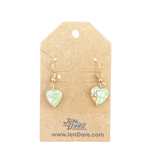 Heart-shaped earrings on a JenDore branded card with a white background