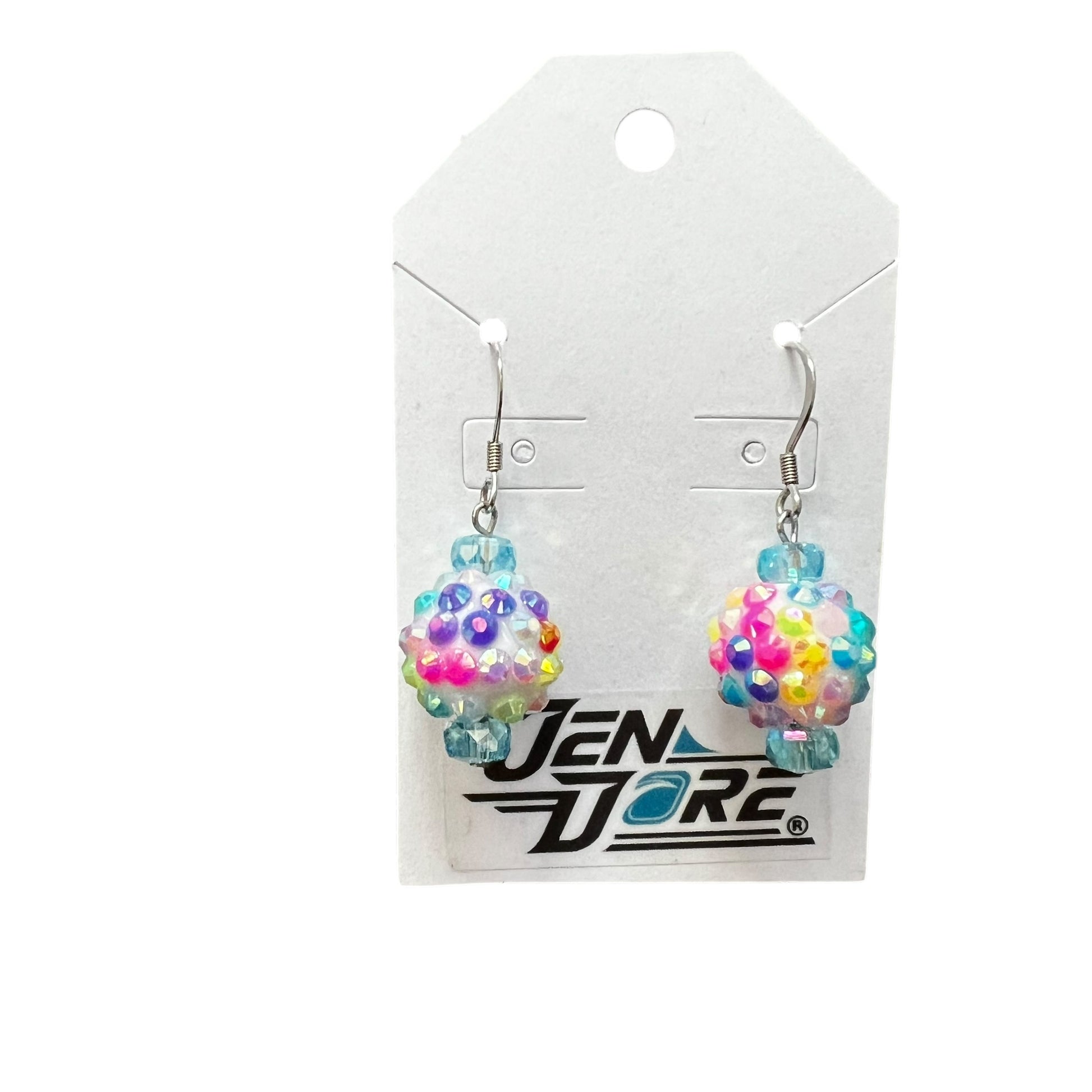 Handmade iridescent rainbow beaded cluster stainless steel earrings by JenDore, hypoallergenic lightweight jewelry