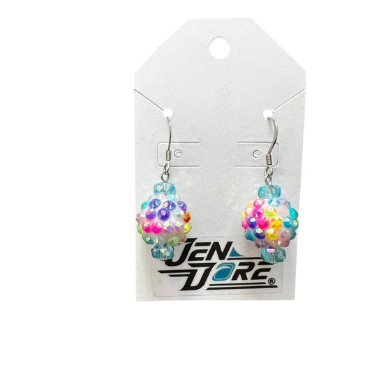 Handmade iridescent rainbow beaded cluster stainless steel earrings by JenDore, hypoallergenic lightweight jewelry