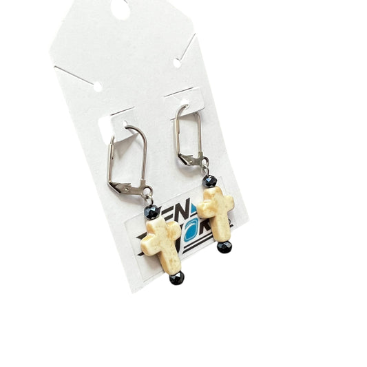 Handmade ivory cross earrings with midnight stone on stainless steel leverback hooks by JenDore