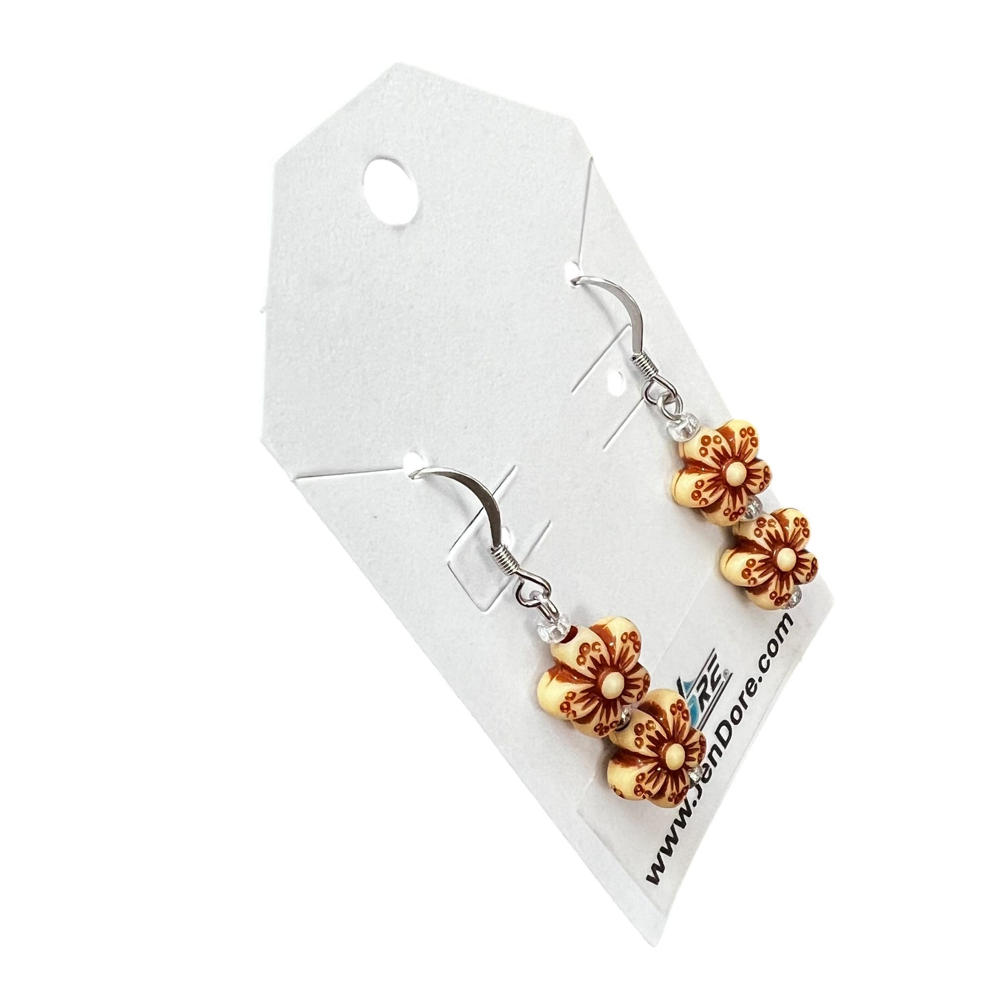 Handmade two mini wooden stacked flower stainless steel earrings by JenDore, hypoallergenic lightweight jewelry