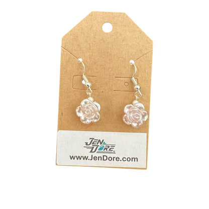 JenDore pink rose-shaped earrings on a brown card 