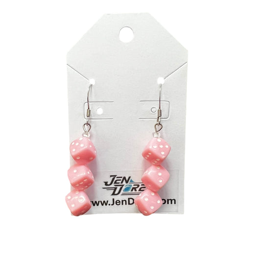 Handmade pink dice earrings with hypoallergenic stainless steel hooks, lightweight nickel-free dangle jewelry by JenDore.
