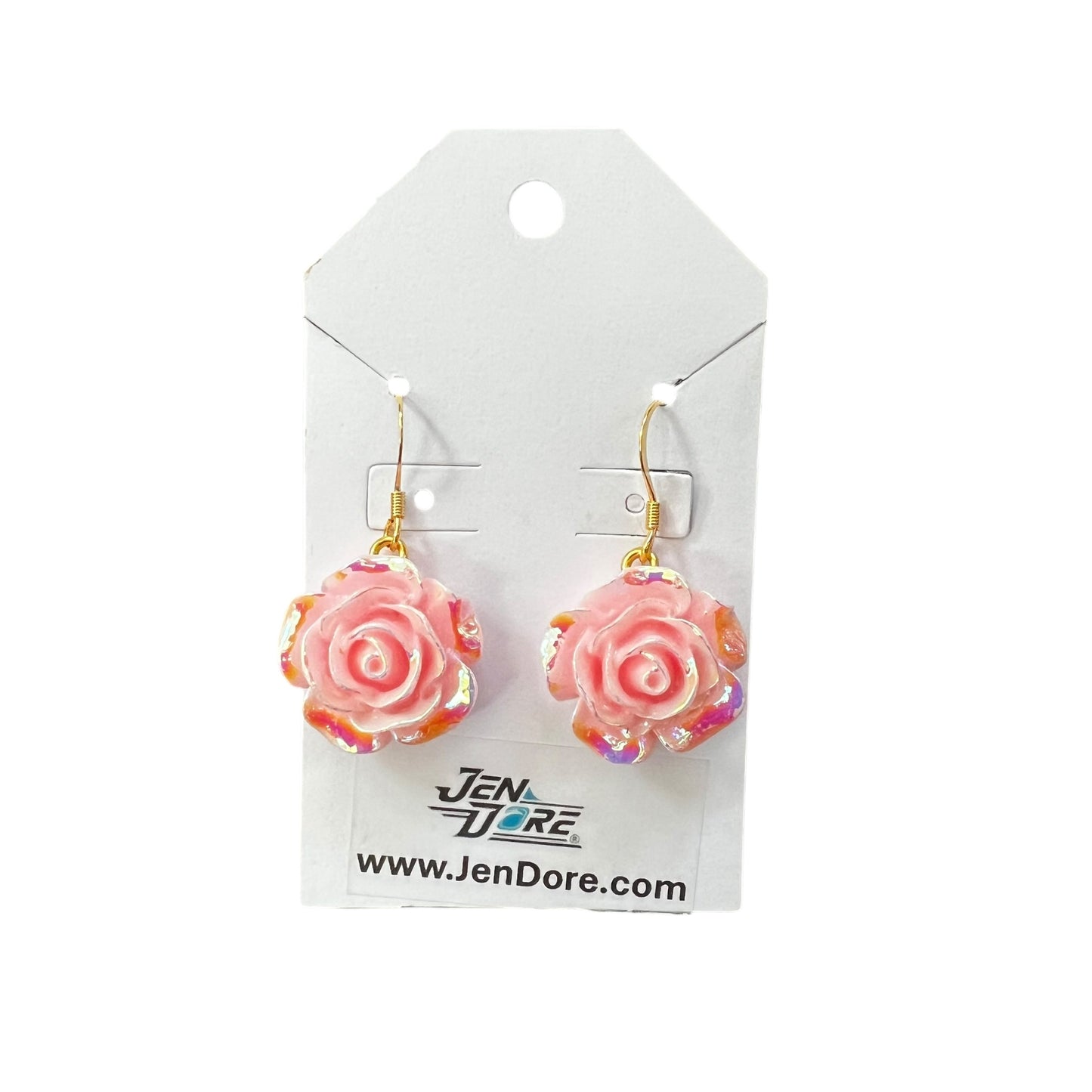 JenDore Handmade Pink Iridescent Rose 18K Gold Plated Stainless Steel Earrings Hypoallergenic Lightweight Jewelry