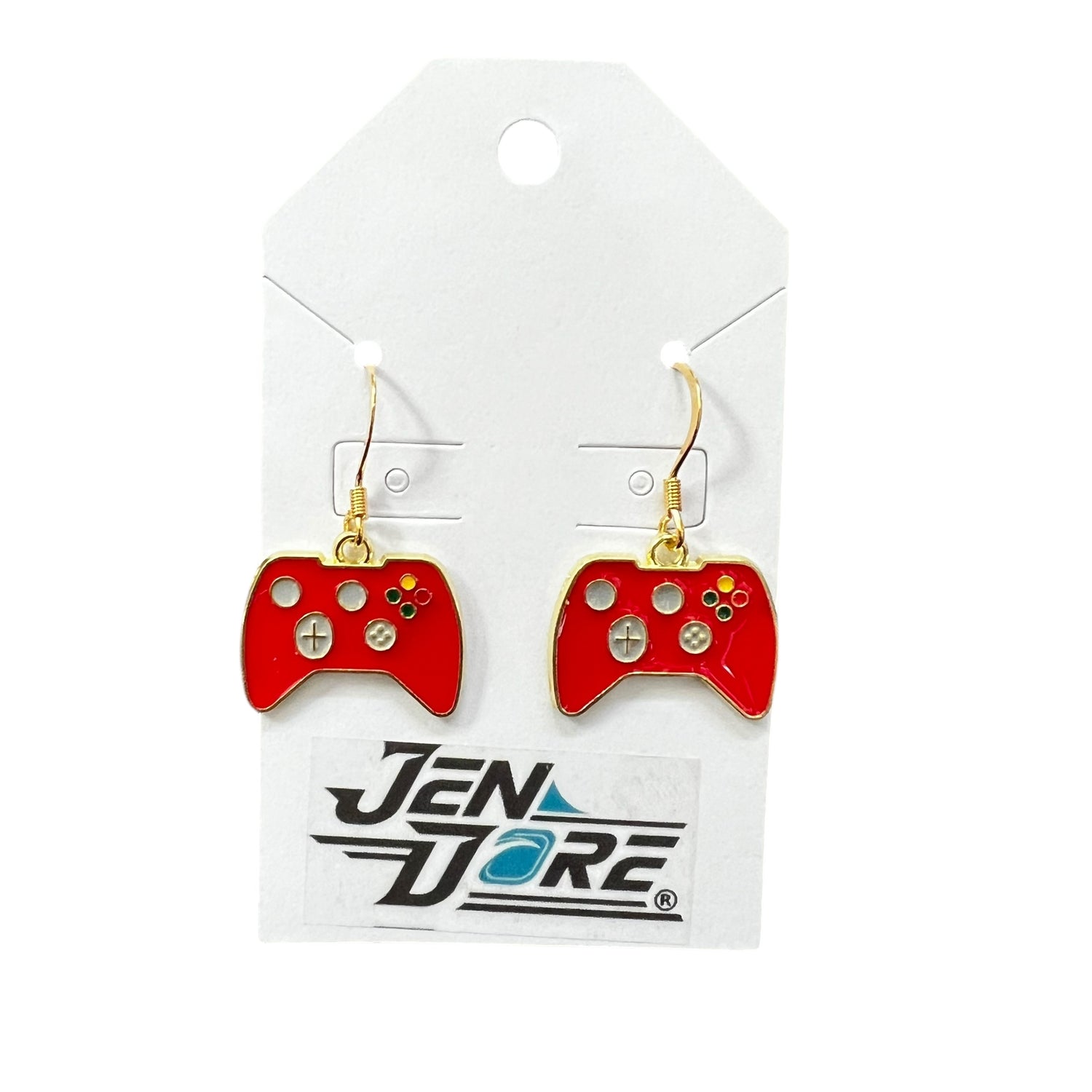 Handmade red gaming controller earrings with 18K gold plated stainless steel hooks
