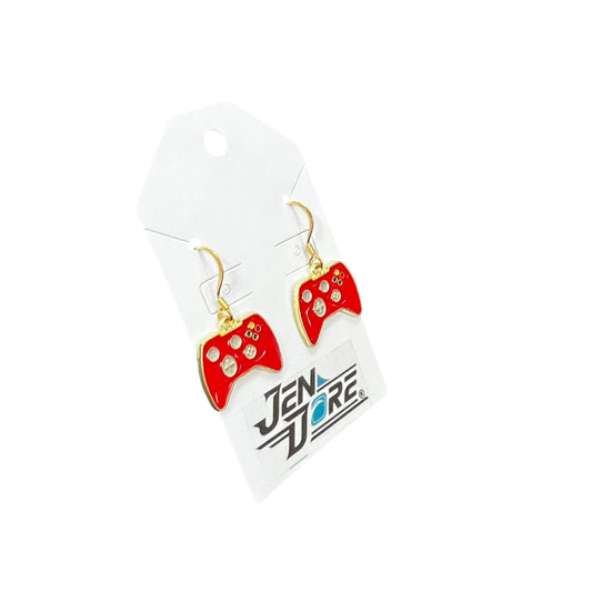 Handmade red gaming controller earrings with 18K gold plated stainless steel hooks