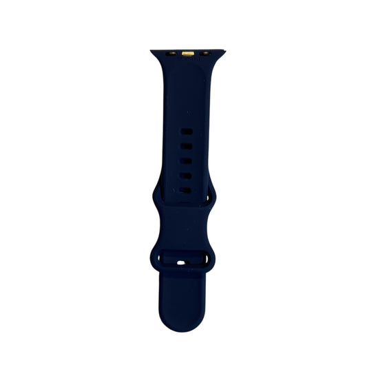 A navy blue soft silicone smartwatch band designed for compatibility with Apple Watch, featuring a quick-release design.