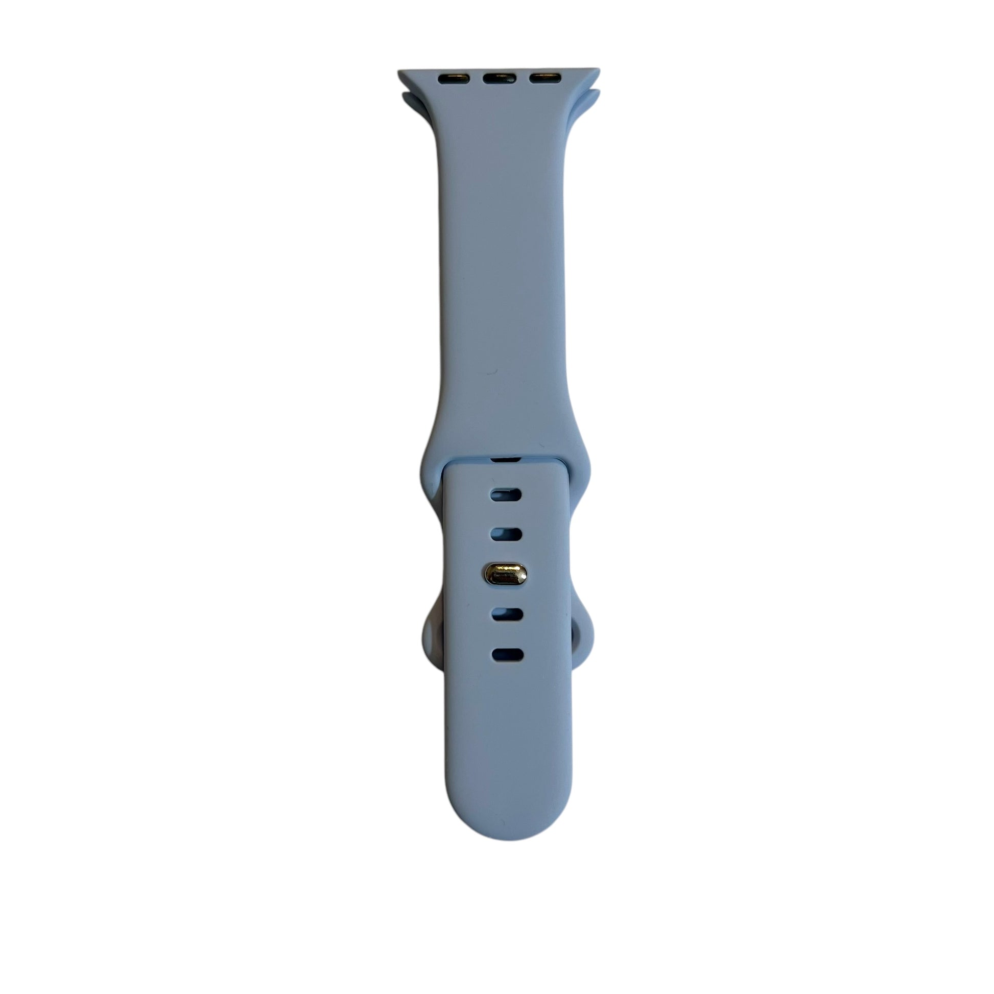 A light blue silicone smartwatch band designed for compatibility with Apple Watches, showing the watch strap in a flat position against a white background.