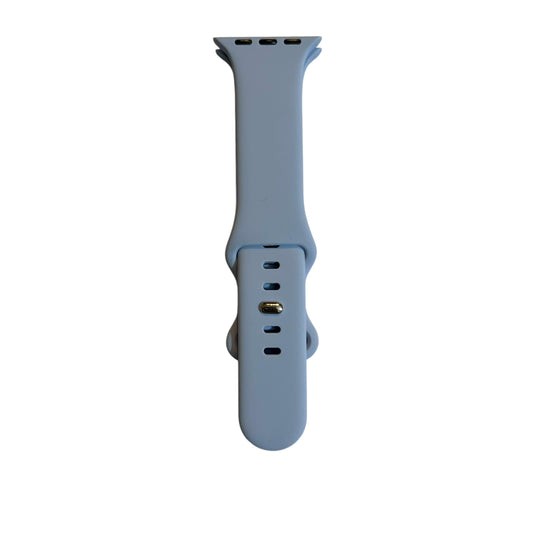 A light blue silicone smartwatch band designed for compatibility with Apple Watches, showing the watch strap in a flat position against a white background.