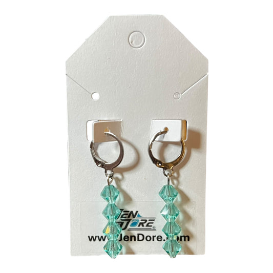 JenDore stainless steel leverback dangle earrings with Caribbean Sea Czech crystal bicones