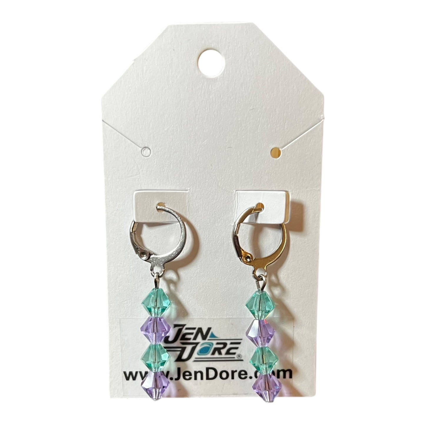 JenDore stainless steel leverback dangle earrings with Caribbean Sea and violet Czech crystal bicones
