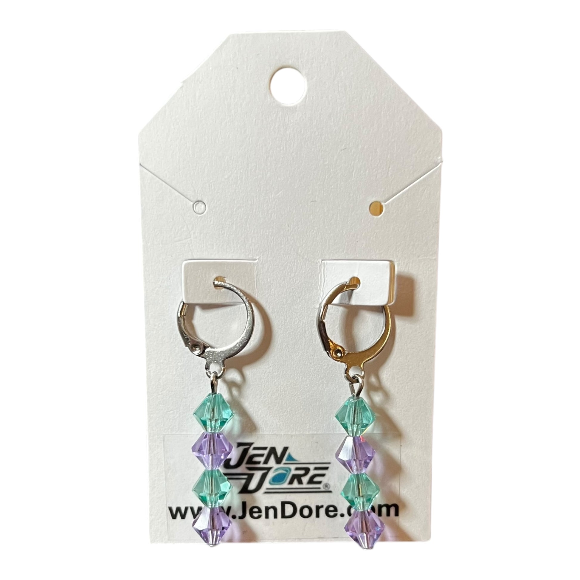 JenDore stainless steel leverback dangle earrings with Caribbean Sea and violet Czech crystal bicones
