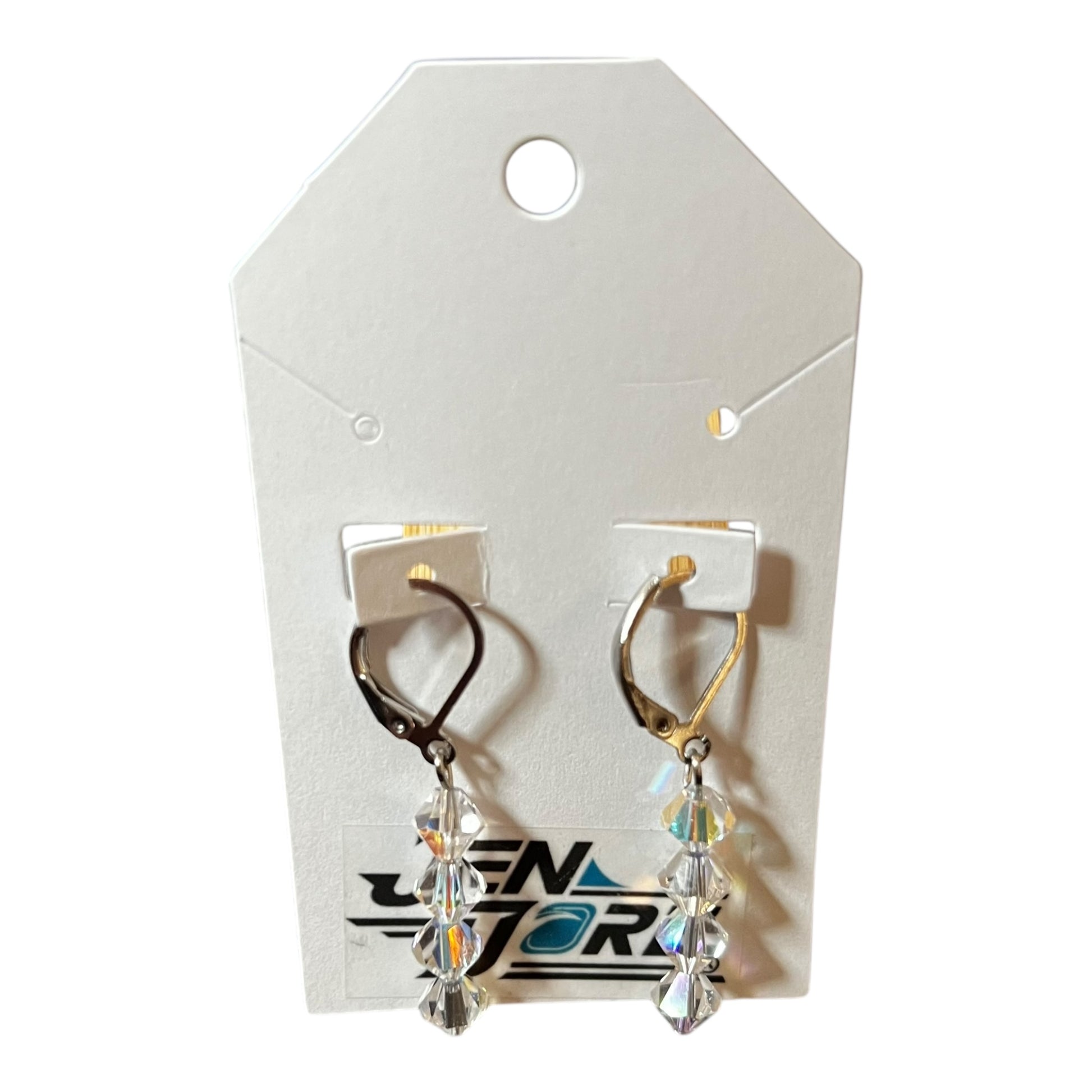 JenDore stainless steel leverback dangle earrings with clear Czech crystal bicones