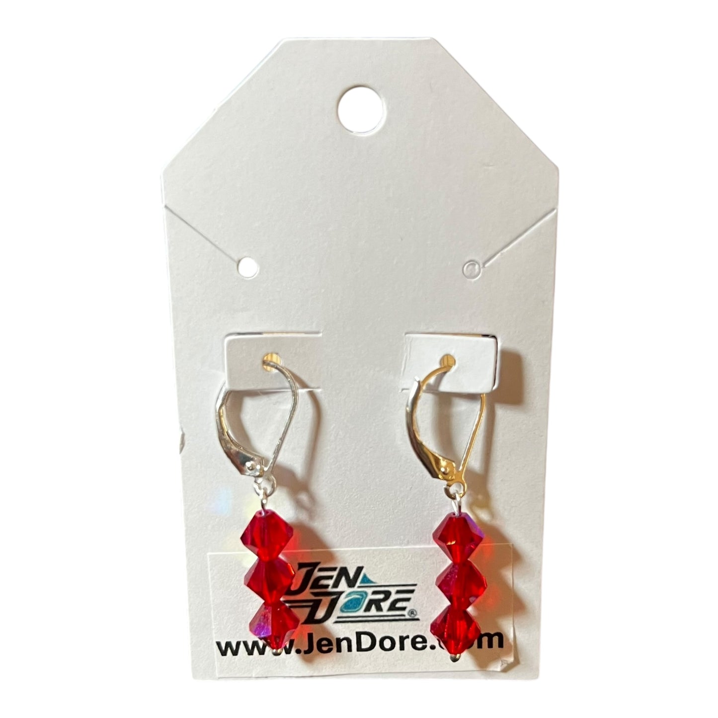 JenDore sterling silver leverback dangle earrings with light siam ab red Czech crystal bicones