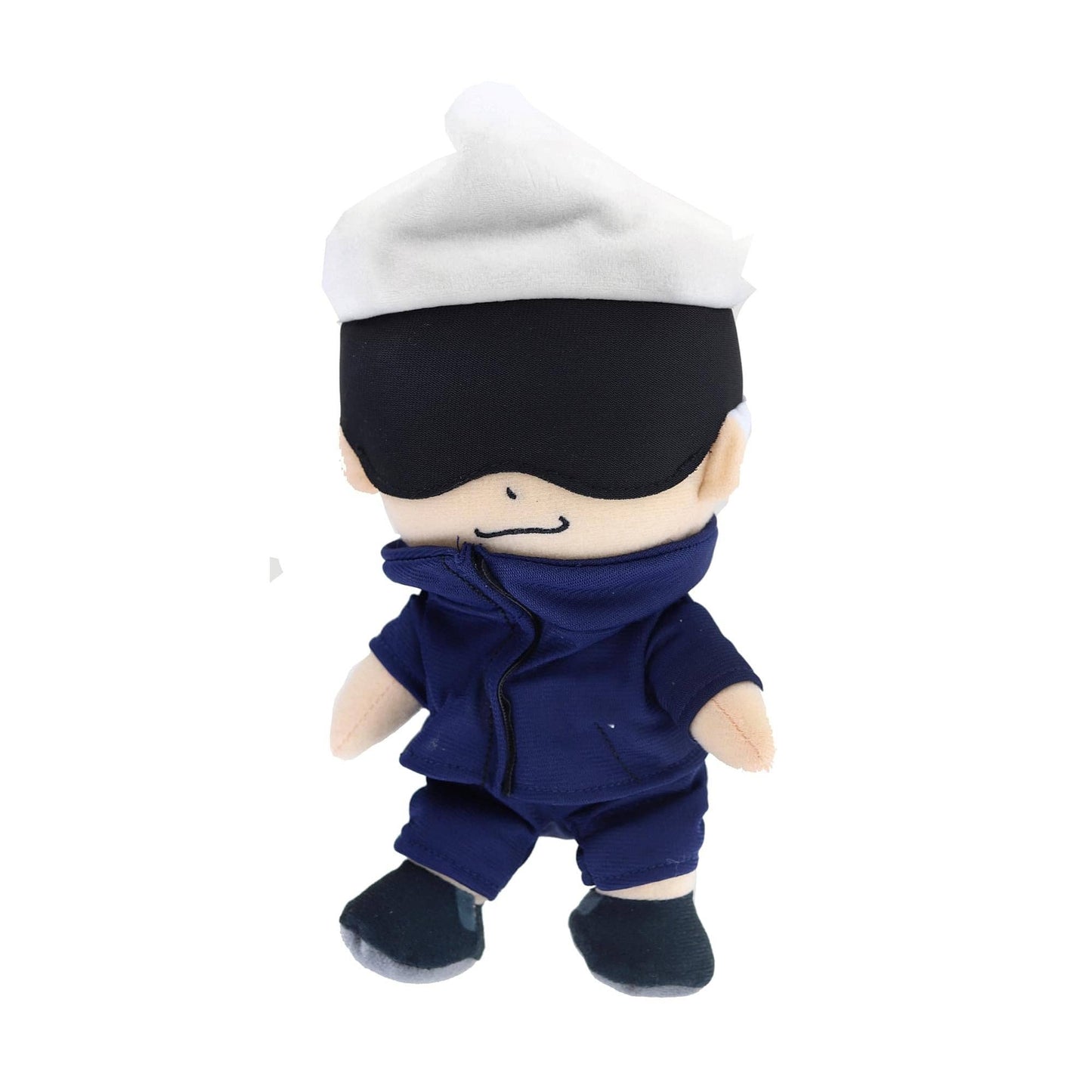 A plush toy doll with a white hat, black blindfold, beige face, and navy blue outfit, shown against a plain white background.