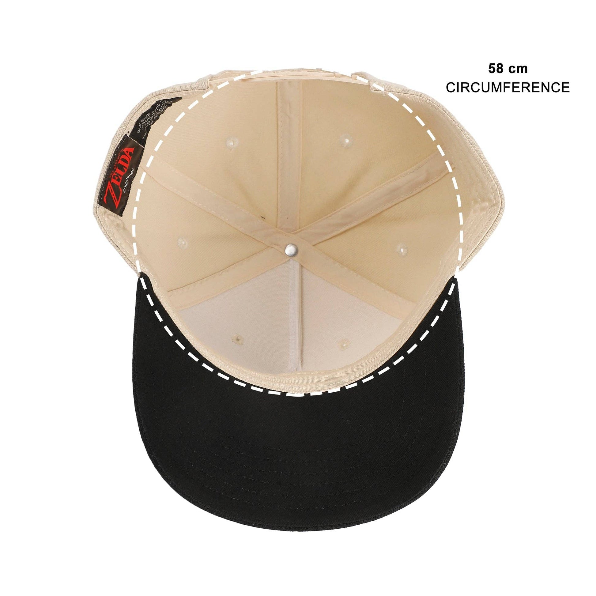 Top-down view of a baseball cap with a black curved brim and beige crown, showing the inside panel stitching and a small red/black brand patch. White dashed line and text indicate 58 cm circumference.