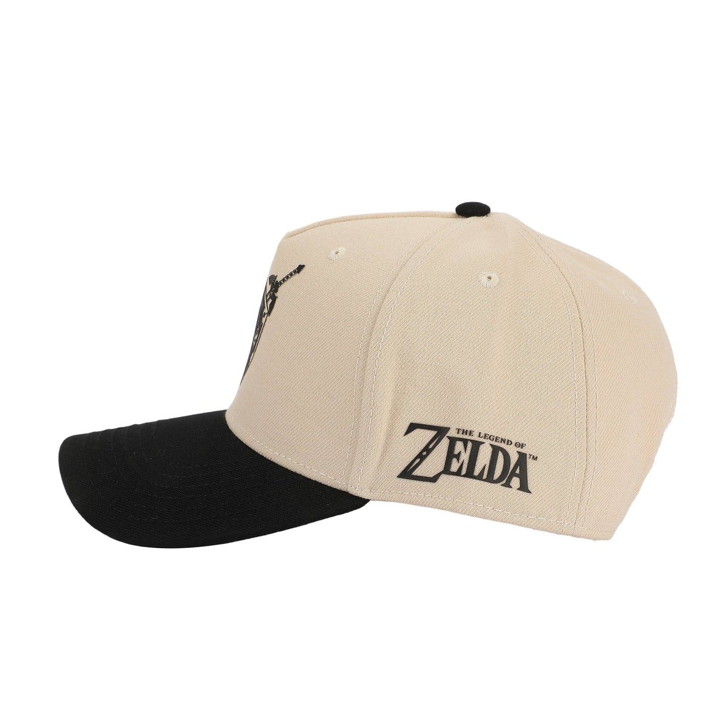 A beige and black baseball cap featuring 'The Legend of Zelda' logo printed in black on the side, set against a plain white background.