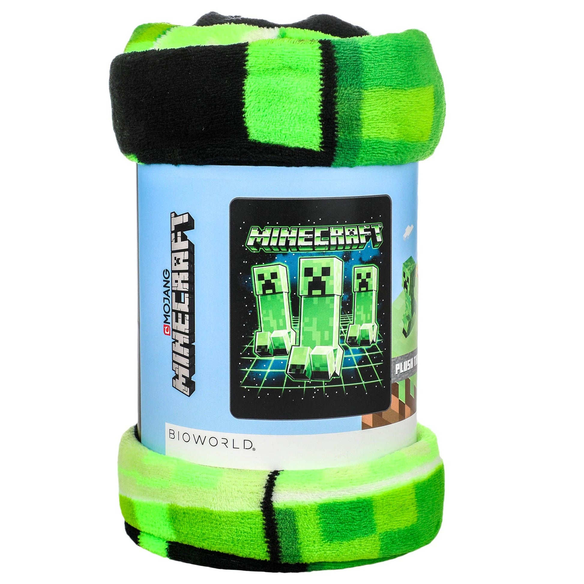 Plush toy with green and black checkered pattern in packaging featuring Minecraft branding.