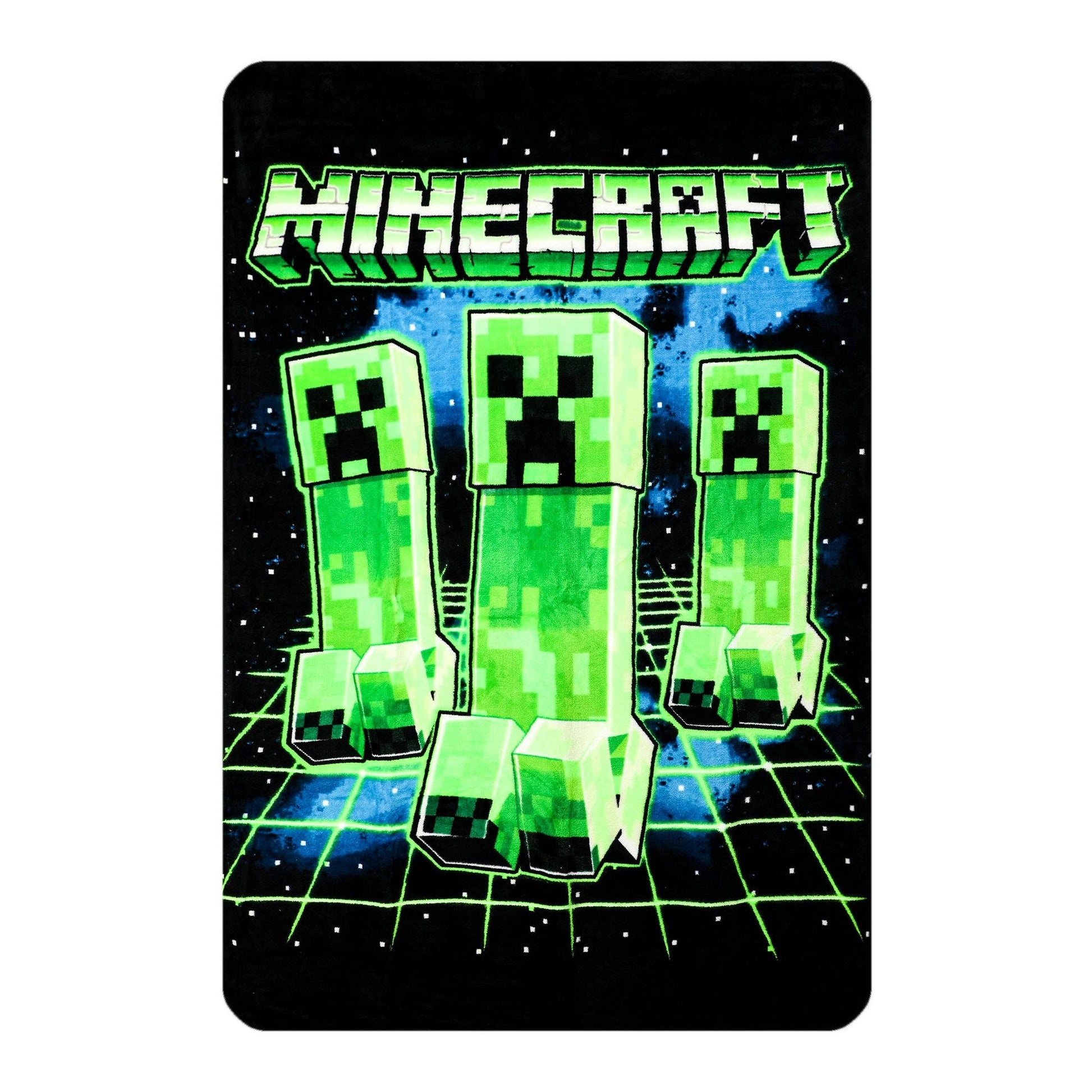 A rectangular printed item with rounded corners featuring Minecraft artwork: the green pixelated MINECRAFT logo at the top, three green Creeper characters, and a black space-like background with blue grid lines and stars.