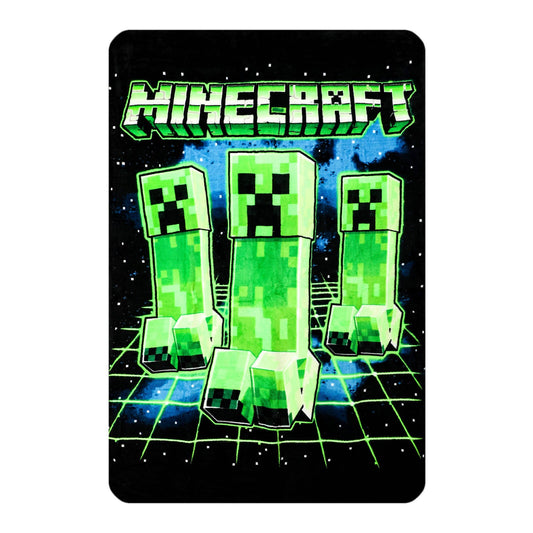 A rectangular printed item with rounded corners featuring Minecraft artwork: the green pixelated MINECRAFT logo at the top, three green Creeper characters, and a black space-like background with blue grid lines and stars.