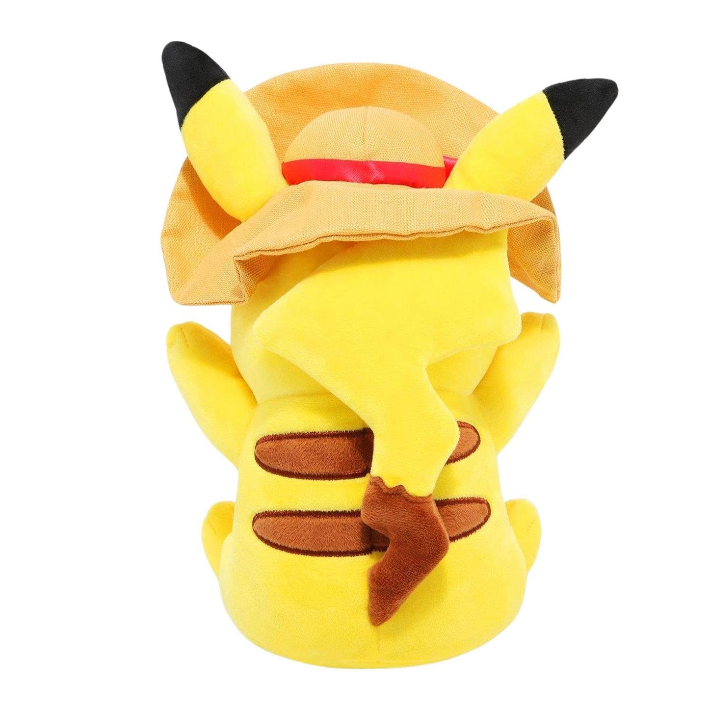 Plush toy in the shape of a yellow creature with black ears and brown accents on a white background