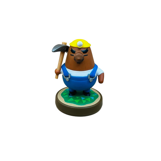 Toy figure of a character with a yellow hat and blue overalls on a white background