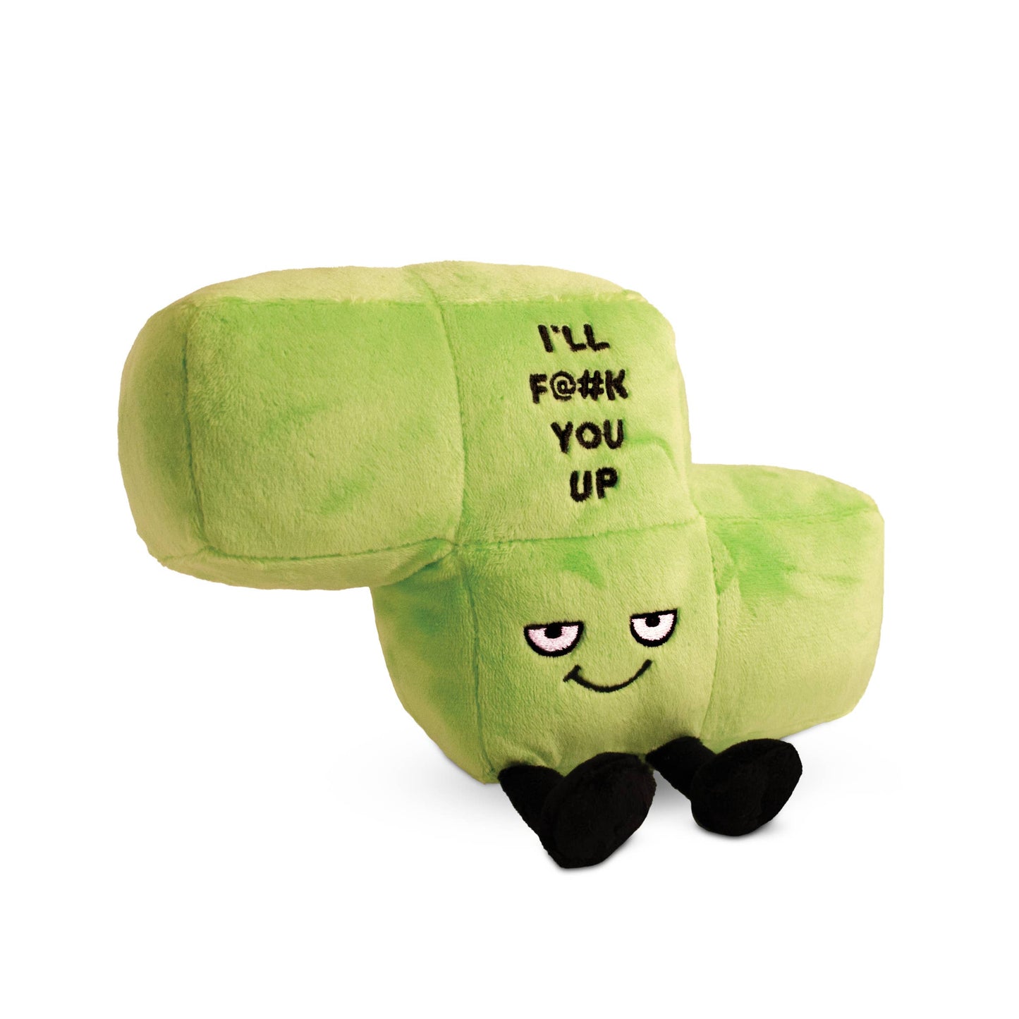 Green plush toy with text on a white background