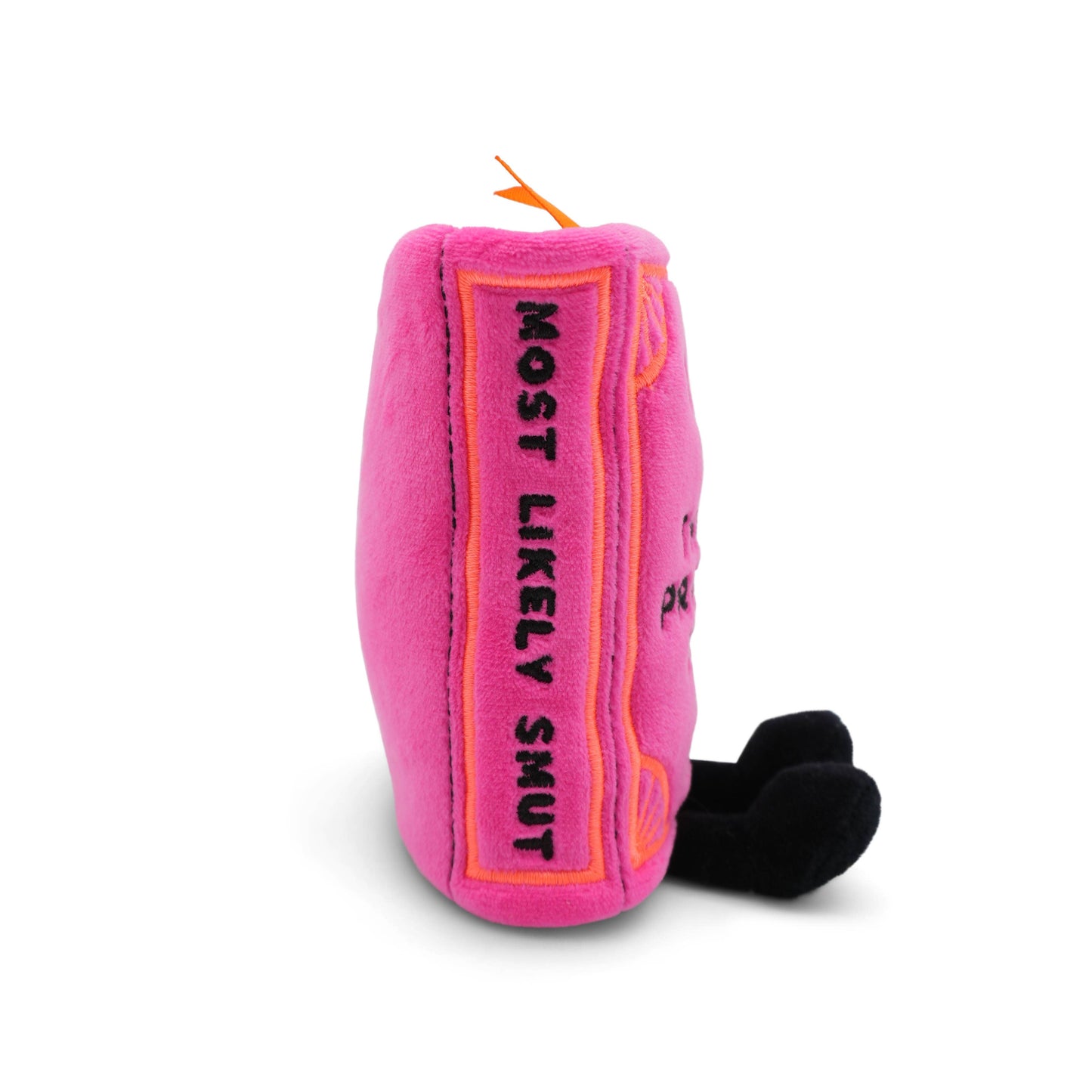 Pink plush toy with text on a white background