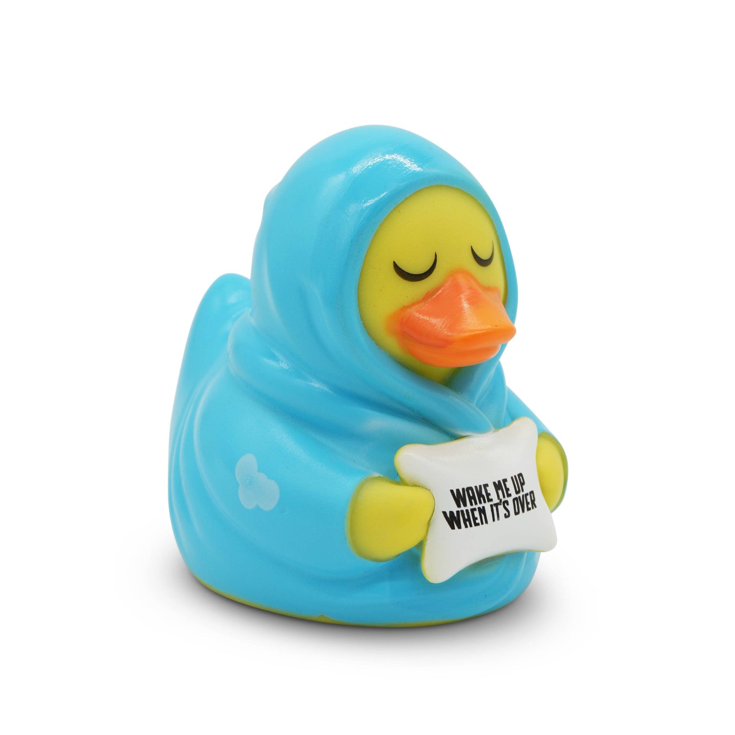 Rubber duck in a blue robe holding a sign with text on a white background