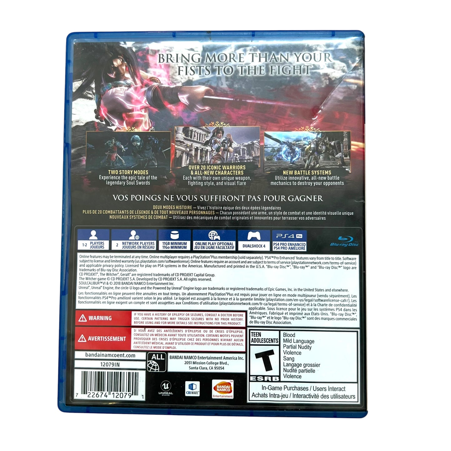 The back cover of a PlayStation 5 game case, featuring the title 'Bringing More Than Your Fist to the Fight' with character artwork, feature callouts, platform logos, and rating information.