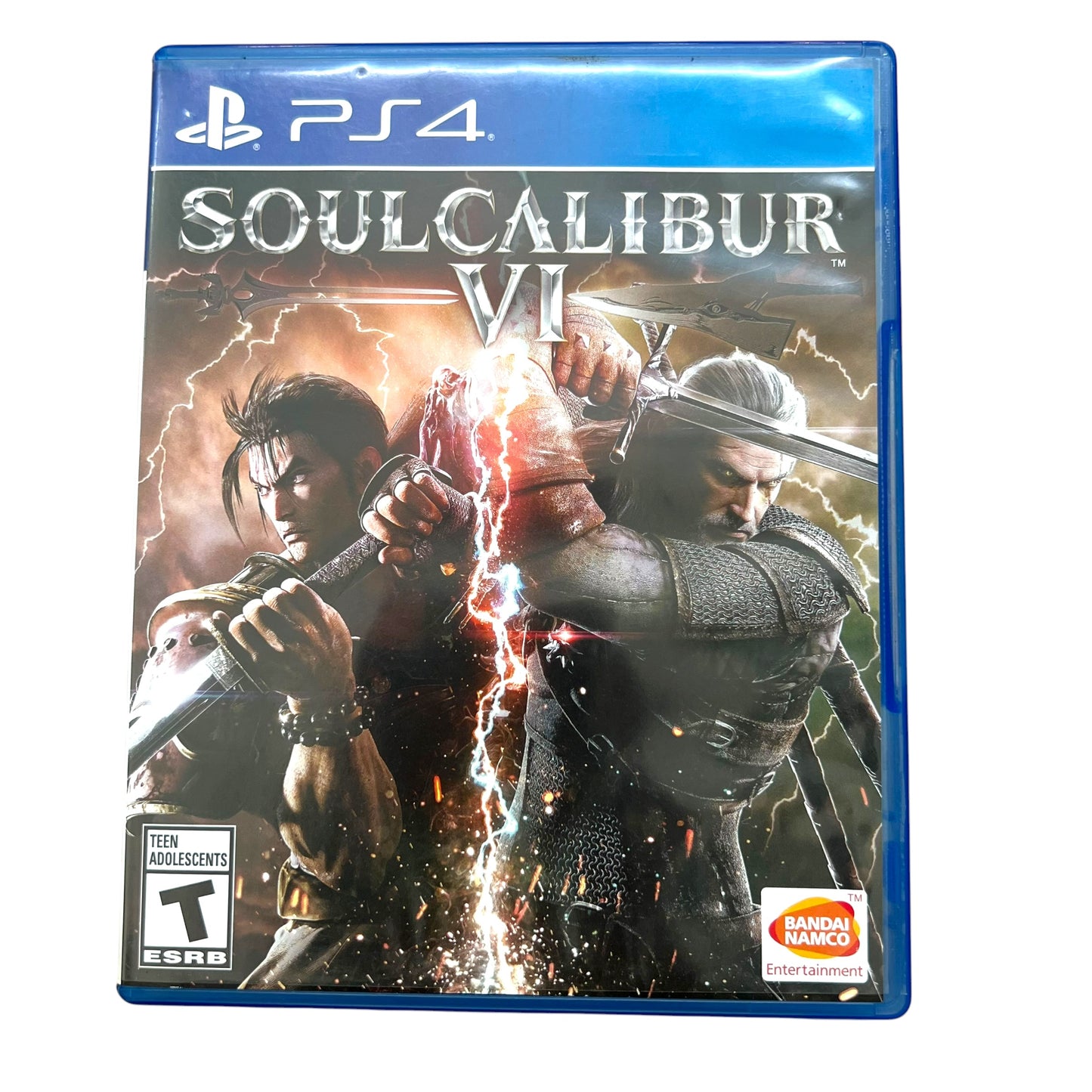 Soulcalibur VI PS4 game case featuring artwork of two samurai warriors facing off with a glowing red energy strike, with the PS4 logo and Bandai Namco branding visible on the cover.
