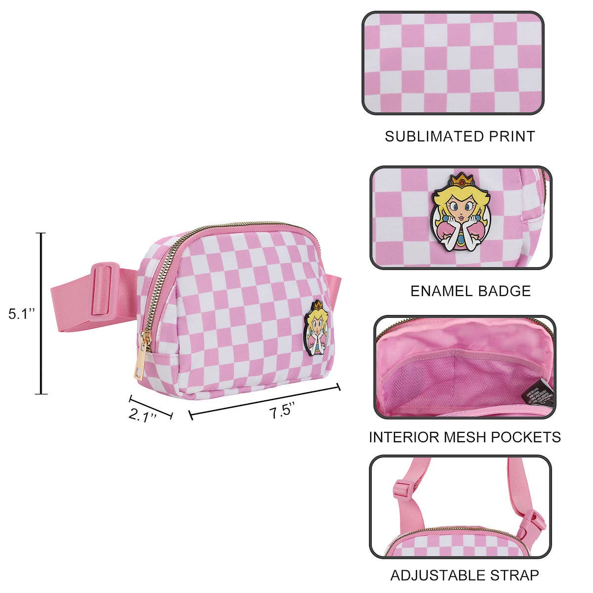Pink and white checkered fanny pack with a Princess Peach enamel badge, shown with dimension labels and feature callouts including sublimated print, interior mesh pockets, and adjustable strap.