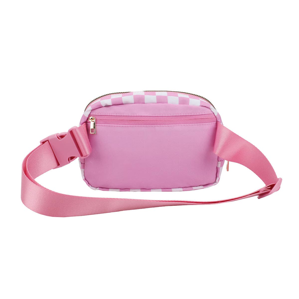 A pink waist bag with a matching pink adjustable strap, featuring a pink and white checkered trim along the top and bottom edges.