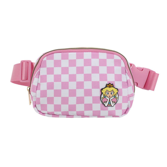 A pink and white checkered fanny pack featuring a Peach character patch on the front, set against a plain white background.