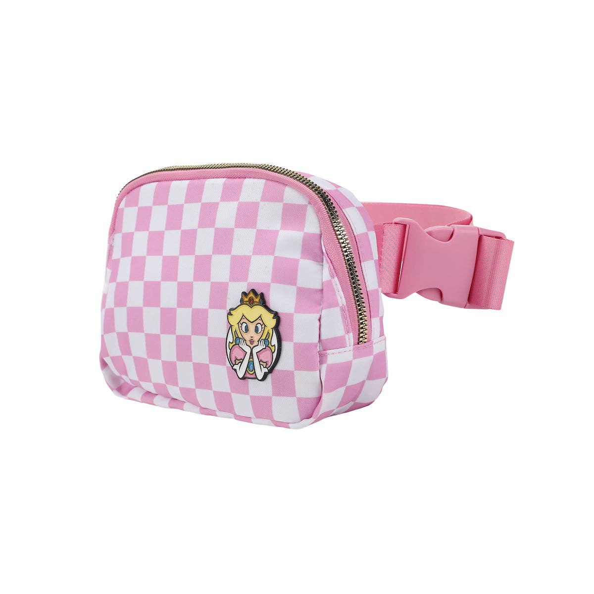 A pink and white checkered fanny pack featuring a Princess Peach enamel pin on the front, with a pink adjustable strap and buckle, shown on a plain white background.