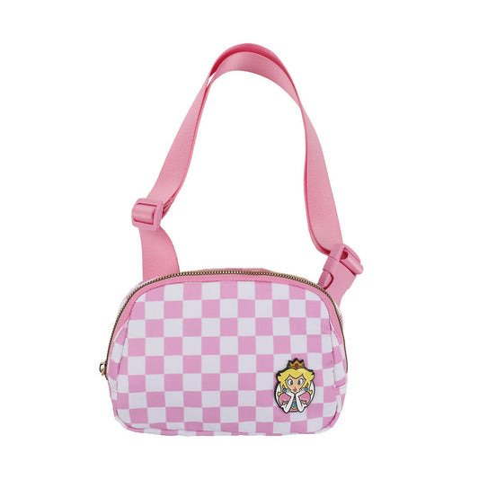 Pink and white checkered bag with a character design on a white background