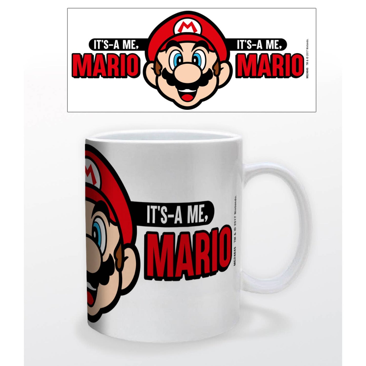 A white ceramic mug printed with a Mario graphic and the phrase 'IT'S-A ME, MARIO' in red and black, shown below a matching printed design preview on a light gray background.