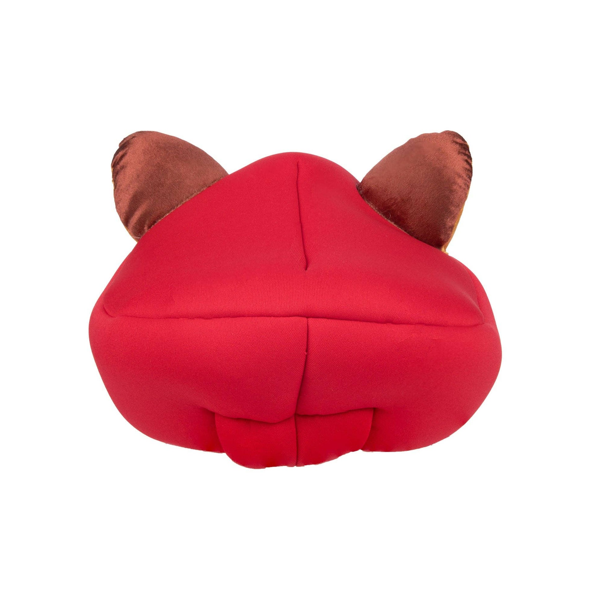 Red plush toy with brown ears on a white background