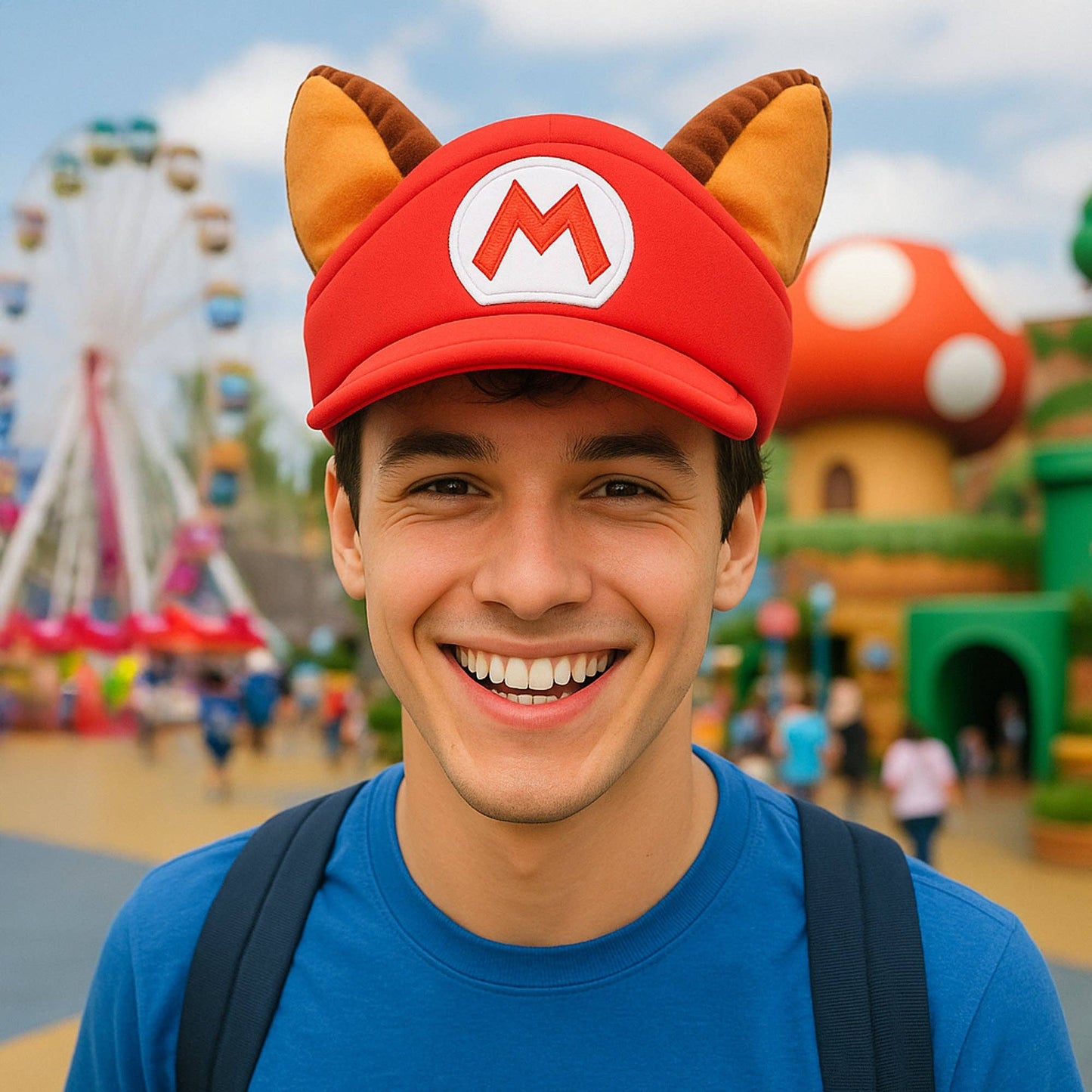 Person wearing a red cap with a white 'M' logo and brown ears in an amusement park setting.