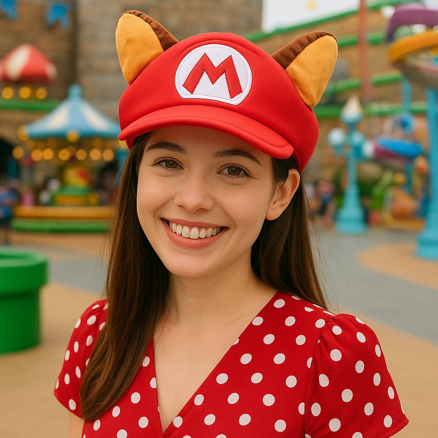Person wearing a red cap with a white 'M' logo and brown ears, smiling in an amusement park setting.
