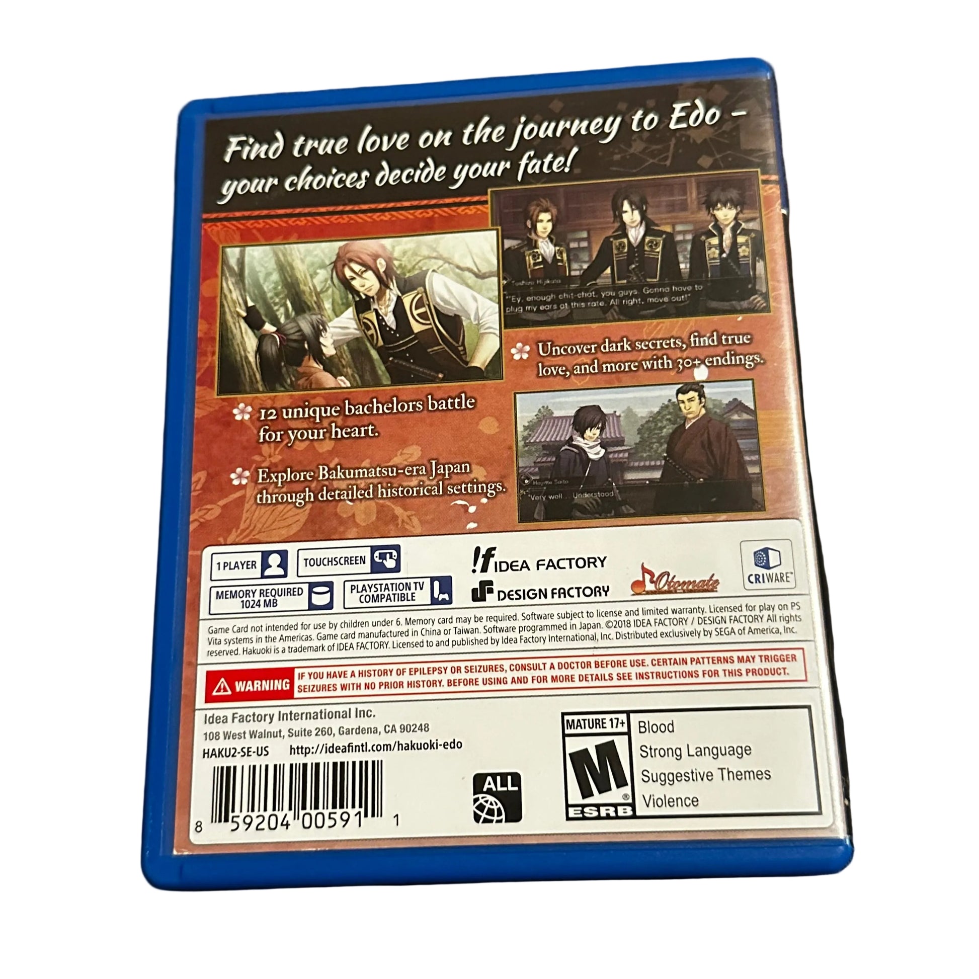 Used Hakuoki Edo Blossoms PlayStation PS Vita video game with case, preowned and authentic at JenDore