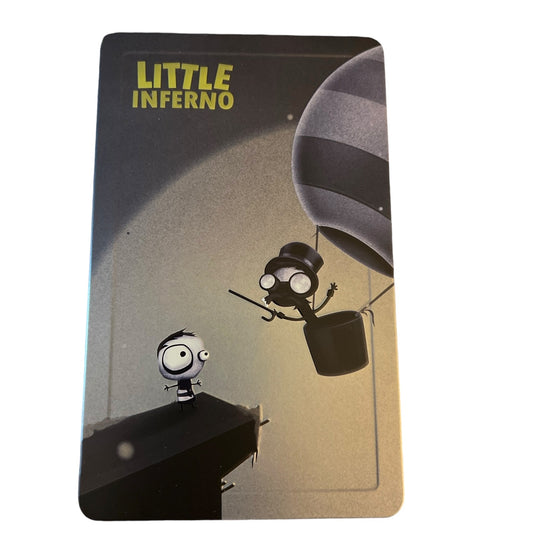 Card with 'Little Inferno' design featuring two animated characters and a hot air balloon.