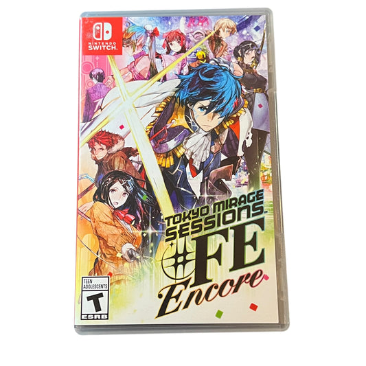 Game case for 'Tokyo Mirage Sessions FE Encore' on Nintendo Switch with colorful artwork of characters.
